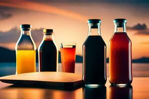 flaskor av juice på en tabell med solnedgång i de bakgrund. ai-genererad foto