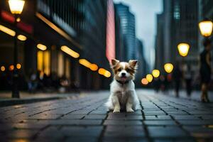 en små hund Sammanträde på de gata i en stad. ai-genererad foto