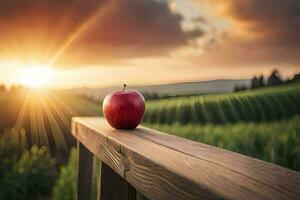 ett äpple på en trä- räcke utsikt en vingård. ai-genererad foto