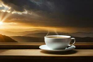 en kopp av kaffe på en fönster tröskel. ai-genererad foto