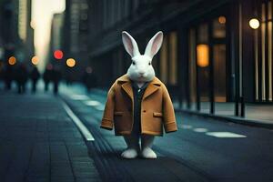en vit kanin bär en täcka och slips på en stad gata. ai-genererad foto