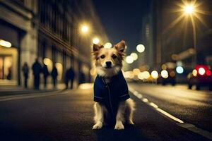 en hund i en jacka Sammanträde på de gata på natt. ai-genererad foto