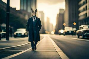 en kanin bär en kostym och slips gående ner en gata. ai-genererad foto