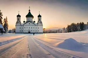 en kyrka är omgiven förbi snö i de mitten av en fält. ai-genererad foto