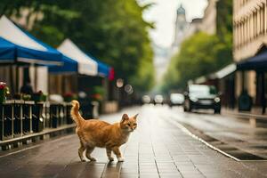 ett orange katt gående ner en gata i de stad. ai-genererad foto