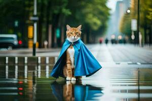 en katt bär en blå cape stående i de regn. ai-genererad foto