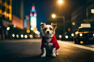 en hund bär en röd skjorta på de gata på natt. ai-genererad foto