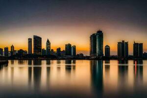 de stad horisont på solnedgång i abu dhabi. ai-genererad foto