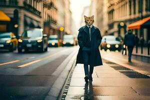 en räv bär en mask promenader ner en stad gata. ai-genererad foto