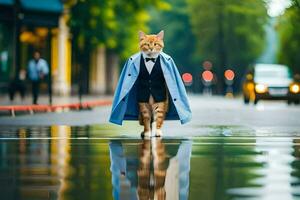 en katt i en smoking gående på en våt gata. ai-genererad foto