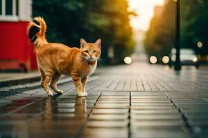 ett orange katt gående på en gata på solnedgång. ai-genererad foto