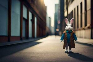 en kanin i en dike täcka stående i de mitten av en stad gata. ai-genererad foto