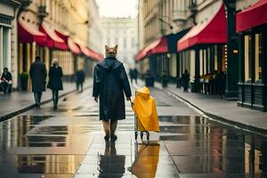 en kvinna och barn gående ner en gata i de regn. ai-genererad foto