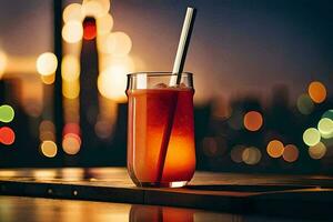 en glas av juice med en sugrör Sammanträde på en tabell i främre av en stad horisont. ai-genererad foto