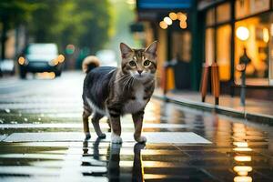 en katt gående på en våt gata på natt. ai-genererad foto