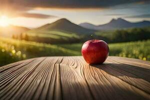 ett äpple sitter på en trä- tabell i främre av en fält. ai-genererad foto