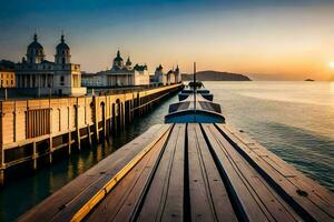 de Sol uppsättningar över de pir på de pir i Brighton. ai-genererad foto