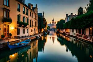 en kanal i Brugge, belgien på solnedgång. ai-genererad foto