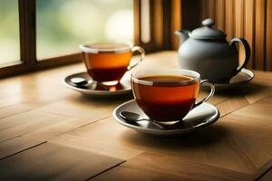 två koppar av te sitta på en tabell nära en fönster. ai-genererad foto