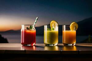 tre glasögon av juice med en solnedgång i de bakgrund. ai-genererad foto