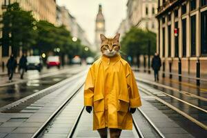 en katt i en gul regnkappa gående ner en stad gata. ai-genererad foto
