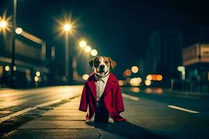 en hund i en röd täcka stående på de gata på natt. ai-genererad foto