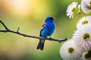 en blå fågel sitter på en gren med vit blommor. ai-genererad foto