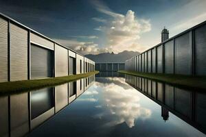 en byggnad med en damm och himmel reflekterad i Det. ai-genererad foto