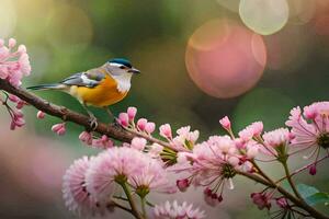 en fågel sitter på en gren av en träd med rosa blommor. ai-genererad foto