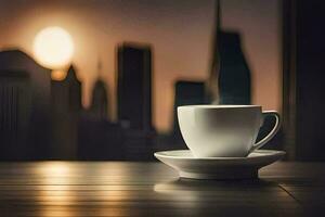 kaffe kopp på tabell med stad i bakgrund. ai-genererad foto