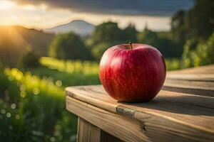 ett äpple sitter på en trä- tabell i främre av en solnedgång. ai-genererad foto