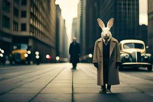 en kanin bär en täcka och slips stående i de mitten av en stad gata. ai-genererad foto