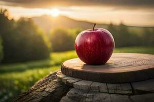 ett äpple sitter på topp av en trä- stubbe i främre av en solnedgång. ai-genererad foto