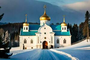 en vit kyrka med guld kupoler i de snö. ai-genererad foto