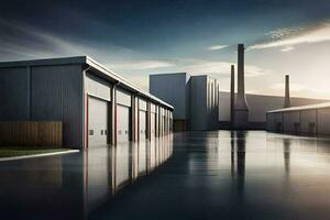 en stor industriell byggnad med en stor garage dörr. ai-genererad foto