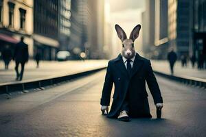 en kanin klädd i en kostym och slips sitter på de gata. ai-genererad foto