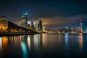 de stad horisont på natt i shanghai. ai-genererad foto