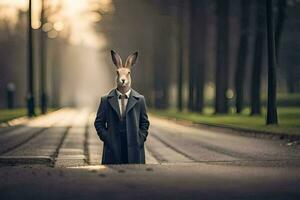 en kanin bär en kostym och slips stående i de mitten av en väg. ai-genererad foto