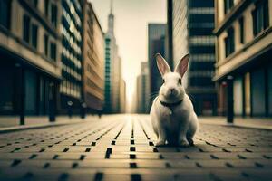 en vit kanin är stående i de mitten av en stad gata. ai-genererad foto