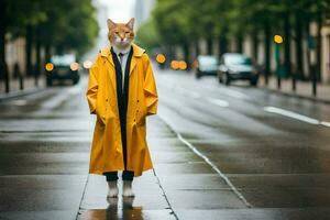 en katt bär en gul täcka och stående på en våt gata. ai-genererad foto