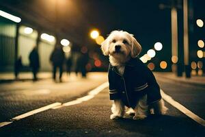 en hund bär en jacka på de gata på natt. ai-genererad foto