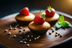 tre muffins med jordgubbar på topp. ai-genererad foto