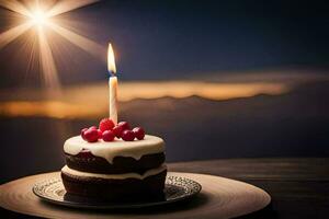 en födelsedag kaka med en belyst ljus på topp. ai-genererad foto