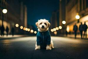 en hund i en blå jacka Sammanträde på de gata på natt. ai-genererad foto