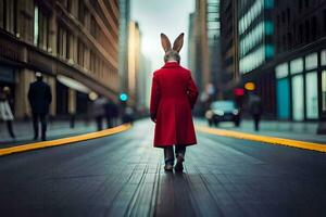 en person bär en kanin huvud gående ner en gata. ai-genererad foto