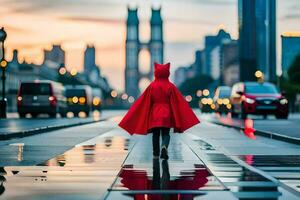 en person i en röd cape gående ner en gata. ai-genererad foto