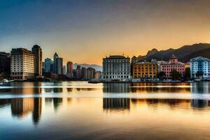 de stad horisont är reflekterad i de vatten på solnedgång. ai-genererad foto