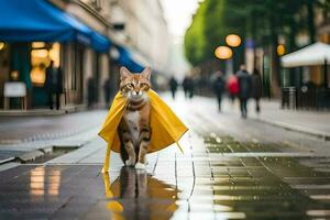 en katt bär en gul regnkappa gående ner en gata. ai-genererad foto