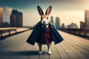 en kanin klädd i en kostym och slips. ai-genererad foto