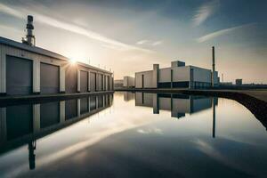 de Sol är miljö över en fabrik byggnad. ai-genererad foto